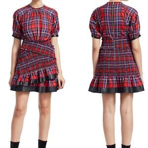 Tanya Taylor Plaid Punk Ruffle Leather Trim Mini Dress